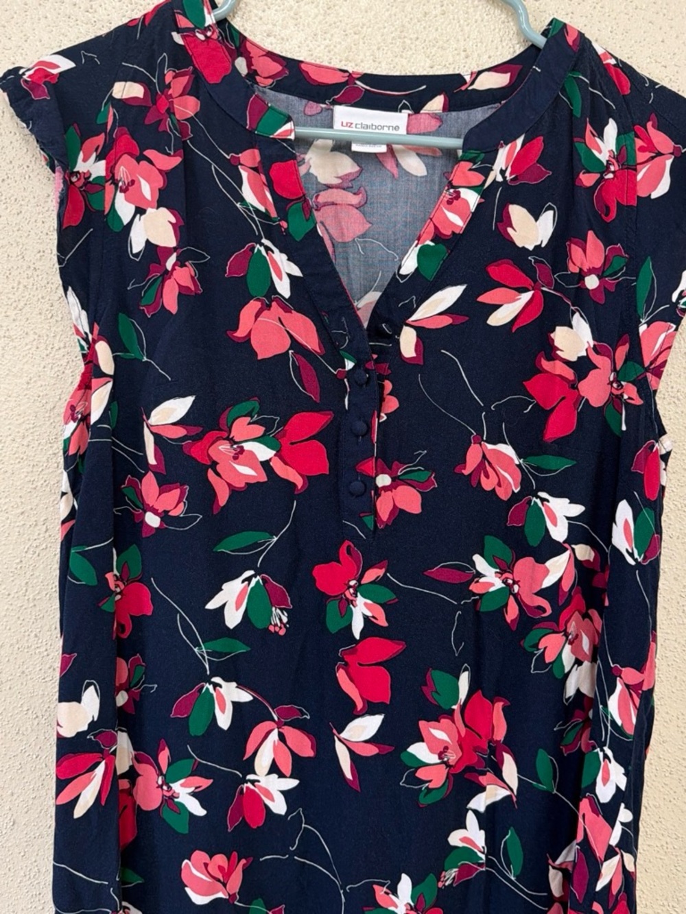 Liz Claiborne Navy Floral Cap-Sleeve Blouse - Pink & Green Floral